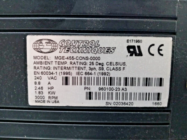 Control Techniques MGE-455-CONS-0000 Servo Motor 1.83 KW 960100-23 3000RPM 240V