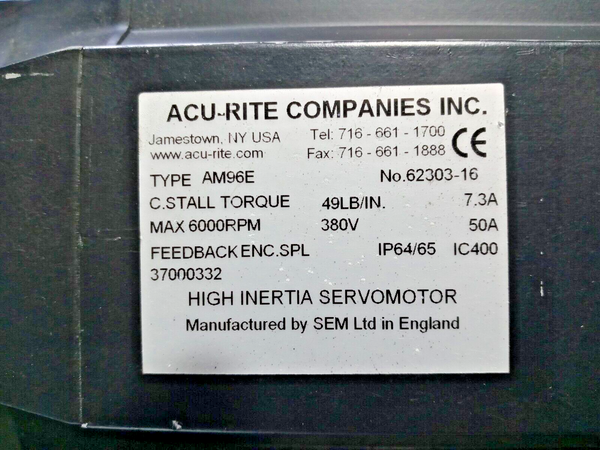 Acu-Rite AM96E AC Servo Motor, 380V, 6000 RPM, .5Nm, 50A, IP64/65
