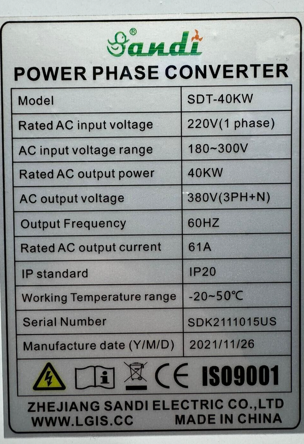 Sandi Power Phase Convertor SDT-40KW  Phase Converter by -1 to 3 Phase