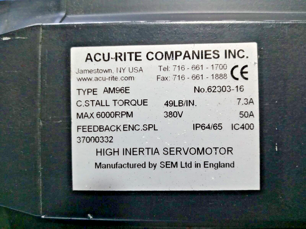 Acu-Rite AM96E AC Servo Motor, 380V, 6000 RPM, .5Nm, 50A, IP64/65