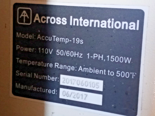 Across International AccuTemp - 19S Vacuum Drying Oven 500°F, 110V, 1500W