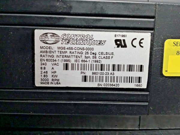 Control Techniques MGE-455-CONS-0000 Servo Motor 1.83 KW 960100-23 3000RPM 240V